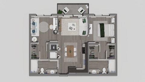A floor plan of a house with a central hallway leading to all rooms.